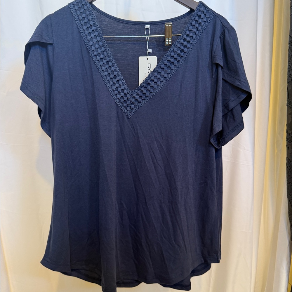 Blue Blouse with V-Neck and Relaxed Sleeves